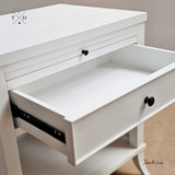 Detailed view of the Piastri 1 Drawer Bedside Table's drawer, showing its generous size, metal drawer runner and elegant handle