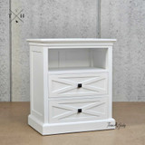 Angled view of the Fremont Bedside Table displaying the unique geometric drawer fronts.