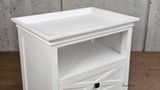 Angled view from the front corner showing the top tray lip moulding and side details of the Fremont Side Table