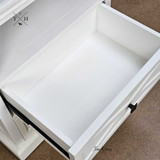Top view with the drawer open displaying the storage space of the Fremont Side Table with the metal runners