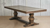 Full-length view of the side of the Bedford Oak Dining Table, showcasing the parquetry and apron detail