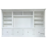 Front View of Stonefield Bookcase Wall Unit - A direct front view showcasing the full length of the 387cm Stonefield Bookcase TV Media Entertainment Wall Unit, highlighting its open shelving design and elegant craftsmanship.