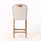 Rear view of the Stratford Kitchen Stool displaying tailored architectural weave upholstery, stud trim and signature leather pull handle.