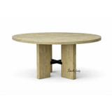 Front view of the Tisbury Dining Table by Thomas & Hurley, a luxury round timber dining table with sculptural pedestal base in a contemporary Hamptons style.