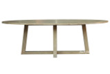 A front angled view of the Ovalis Dining Table by Thomas & Hurley showcasing contemporary architectural legs, an elegant oval tabletop, and a timber finish suited to modern luxury dining interiors.