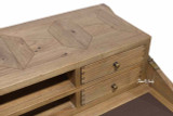 Close up of the Reagan Campaign Writing Desk, showing the natural oak timber detail and storage.