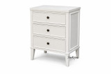 The Lando 3 Drawer Bedside/Side Table front angled view showcasing contemporary Hamptons design, white brush-stroke painted finish and three drawers for ample storage.