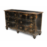 An angled view of the Henrique 6 Drawer Chest in distressed black finish with curved profile and classic French provincial styling.