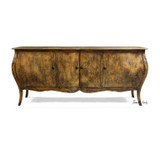 A front view of the Featherington Commode highlighting sculptural form and cabriole style legs.