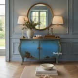 The Hyacinth Bombe Commode styled front view showcasing depth of colour and hand-finished detailing.