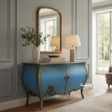 The designer blue accent Hyacinth Bombe Commode/Sideboard angled styled perspective showcasing elegant French styling.