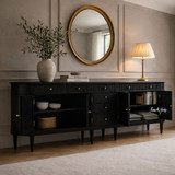 Full-length view of the Louis Buffet 300cm with doors open, showcasing its curved silhouette and interior space and shelves for functional storage.