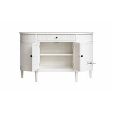 The Louis Buffet 4 Door 130cm in White by Thomas and Hurley, front view and doors open, showcasing its curved design, fluted drawer detailing, and functional storage.