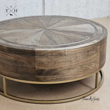 Front detailed view of Darcy Burnished Oak Parquetry Coffee Table, showcasing its elegant design and handcrafted details