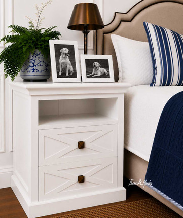 Modern classic white bedside table with storage shelf and drawers, the Fremont Bedside Table by Thomas and Hurley
