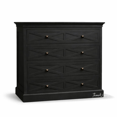 Angled front view of the Fremont 4 Drawer Chest in Black by Thomas and Hurley displaying the unique geometric drawer fronts.