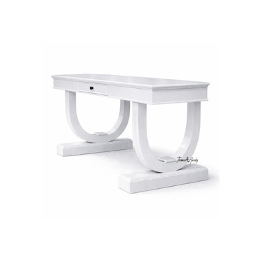 Front angled view of the Stonefield Desk highlighting sculptural pedestal base and timeless contemporary Hamptons desk design.