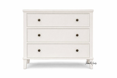 A front view of the Lando 3 Drawer Chest showcasing contemporary Hamptons design, white brush-stroke painted finish and three drawers for ample storage.