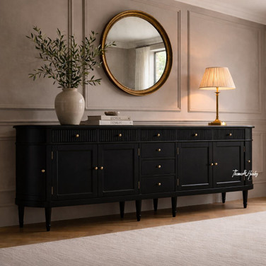 Full-length view of the Louis Buffet 300cm in black, showcasing its curved silhouette and functional storage.