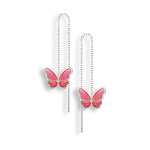 Vitreous Plique-a-Jour Enamel on Sterling Silver Butterfly Chain Threader Earrings-Pink