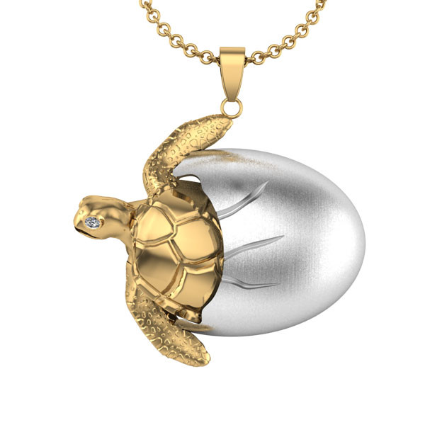 Topsail Turtle Hatching Pendant - 14K Gold & Sterling Silver