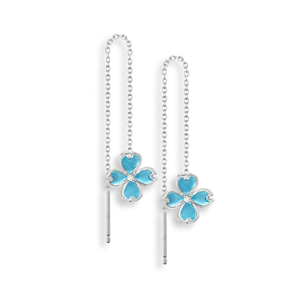 Vitreous Plique-a-Jour Enamel on Sterling Silver Flower Chain Threader Earrings-Blue. Set with White Sapphires. Rhodium plated for easy care