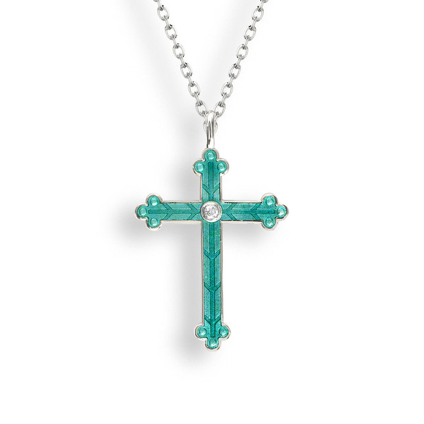 SS Cross Necklace, Green w-White Sapphires
