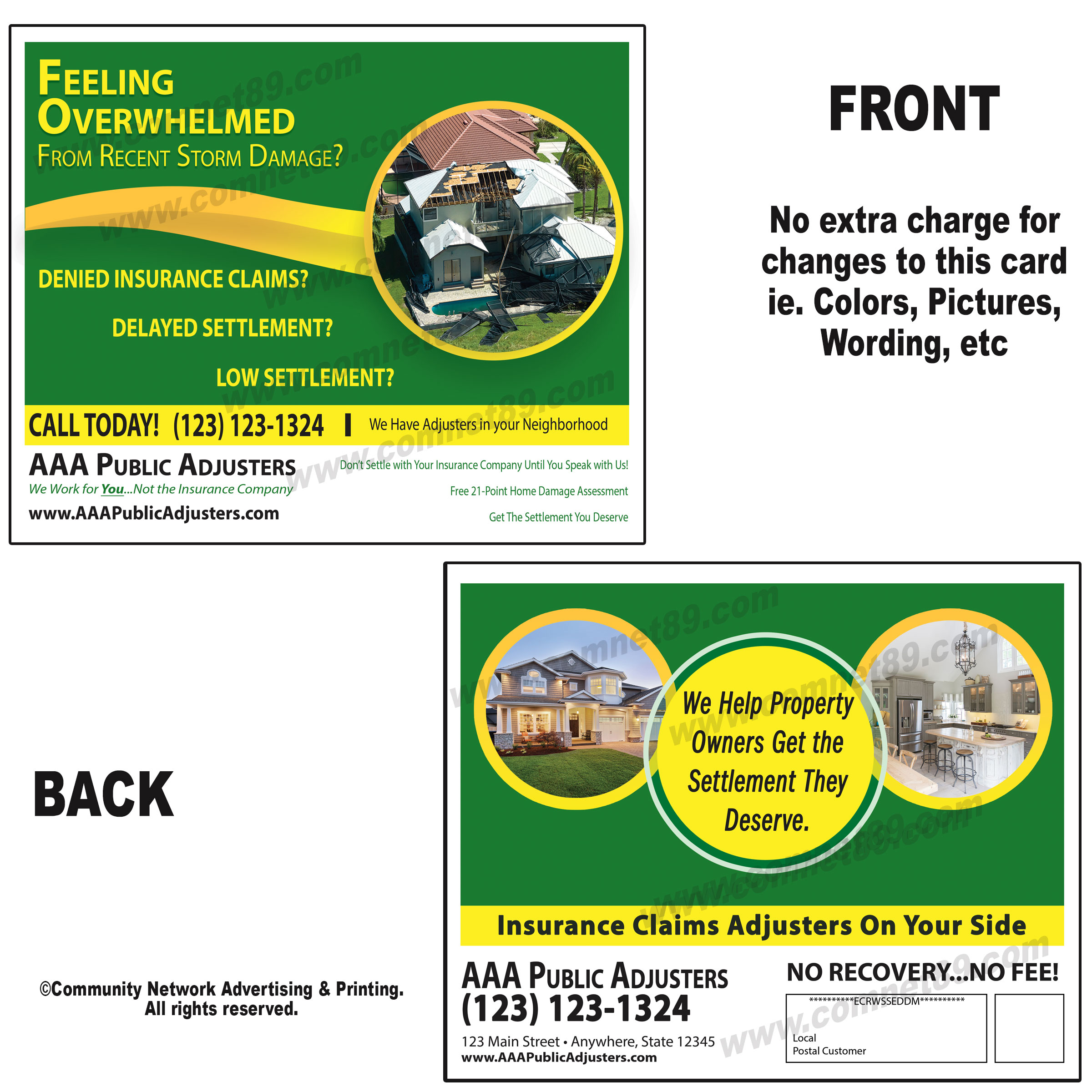 Green and Gold postcard mailer for insurance adjuster