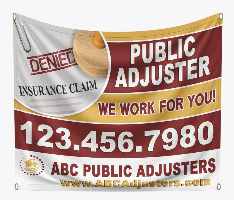 Public insurance adjusters can effectively promote their services by placing banners in areas that have been affected by natural disasters such as hurricanes, floods, etc.