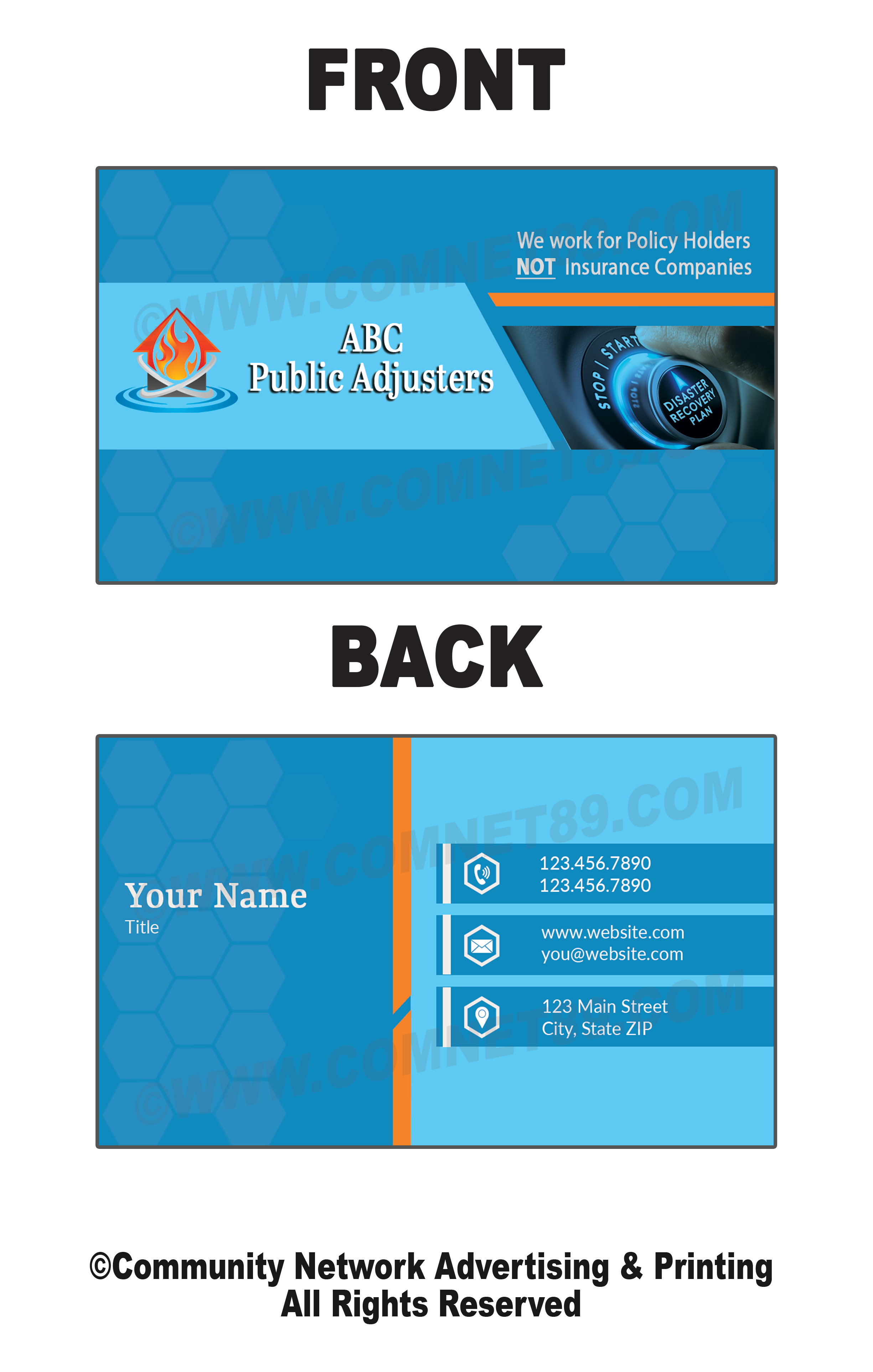 Insurance Adjuster blue and orange business card.  No charge for changes ie, color, pic, wording, etc.