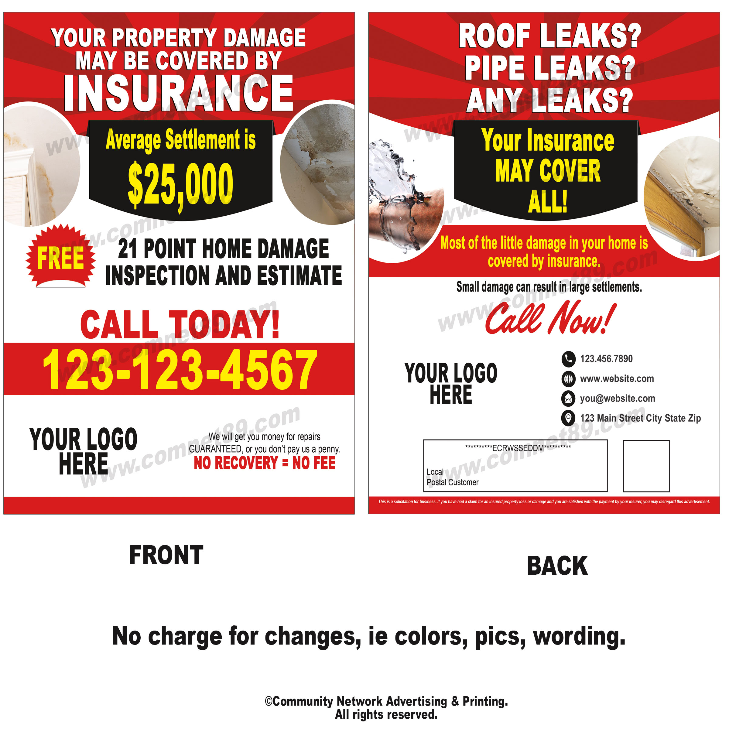 This public insurance adjuster EDDM postcard is perfect for reaching out to neighborhoods that have experienced storm damage. You'll definitely stand out from your competition