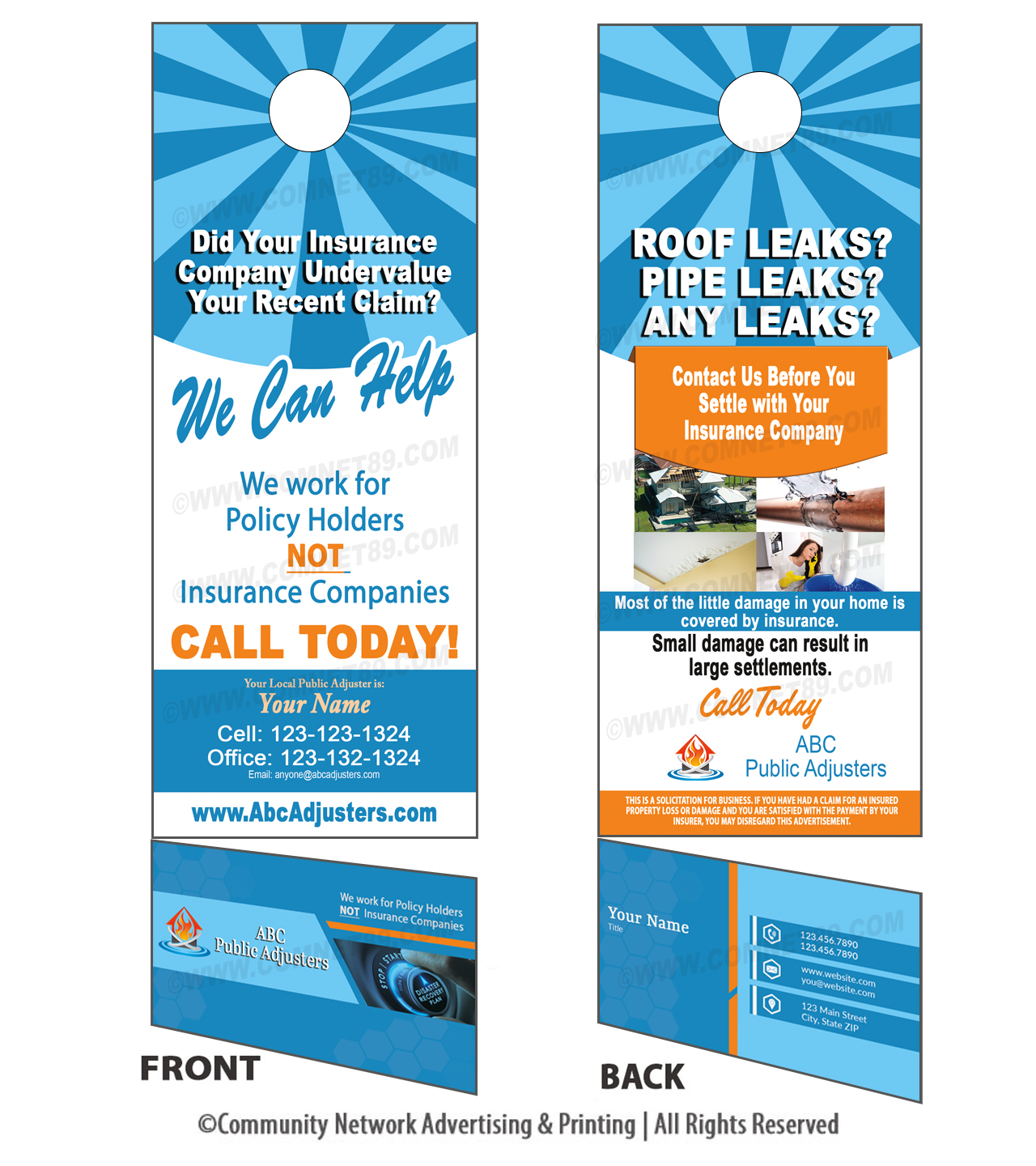 Door hanger for public insurance adjuster with perforated business card