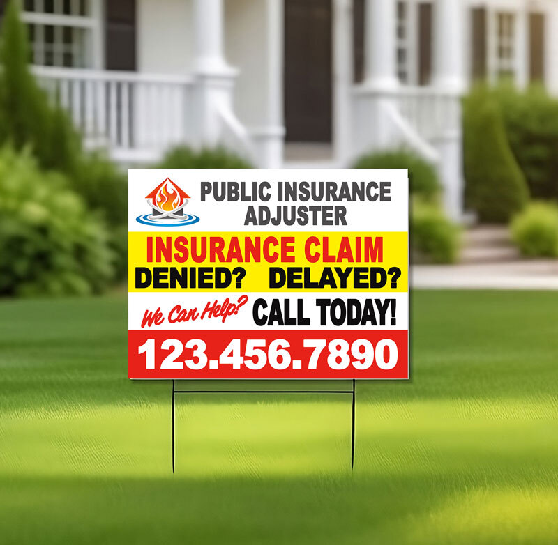 Stand out in your community with our durable and eye-catching yard signs designed specifically for public insurance claims adjusters. Increase your visibility and attract more clients today!
