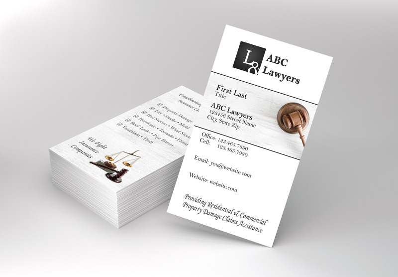 Professionally designed business card for attorneys. Focus on handling property insurance claims related to storm damage.