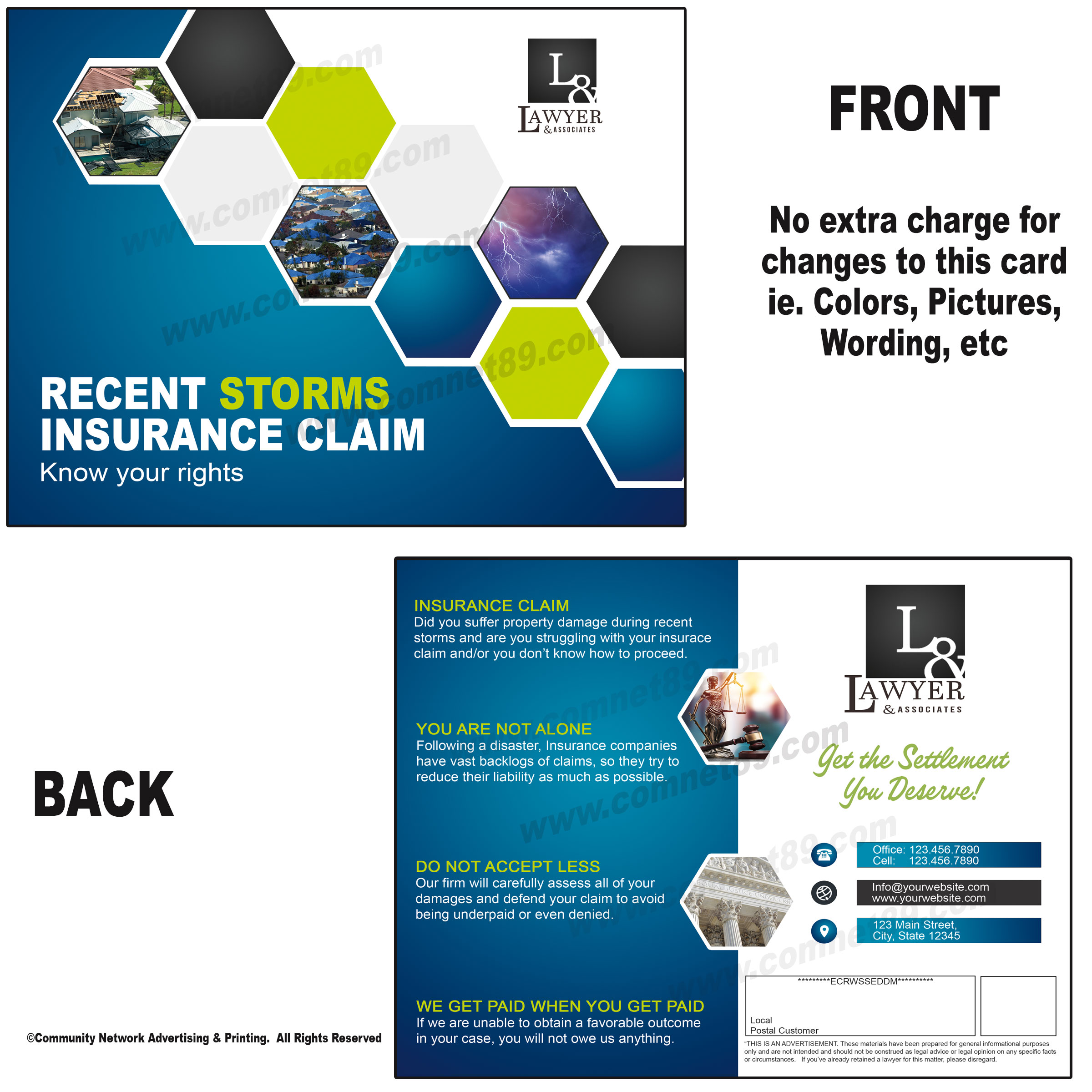 This attorney postcard is EDDM® eligible and is ideal for marketing your firm to stormed damaged areas after disasters such as hurricanes, floods, tornadoes, wilfires, etc.  