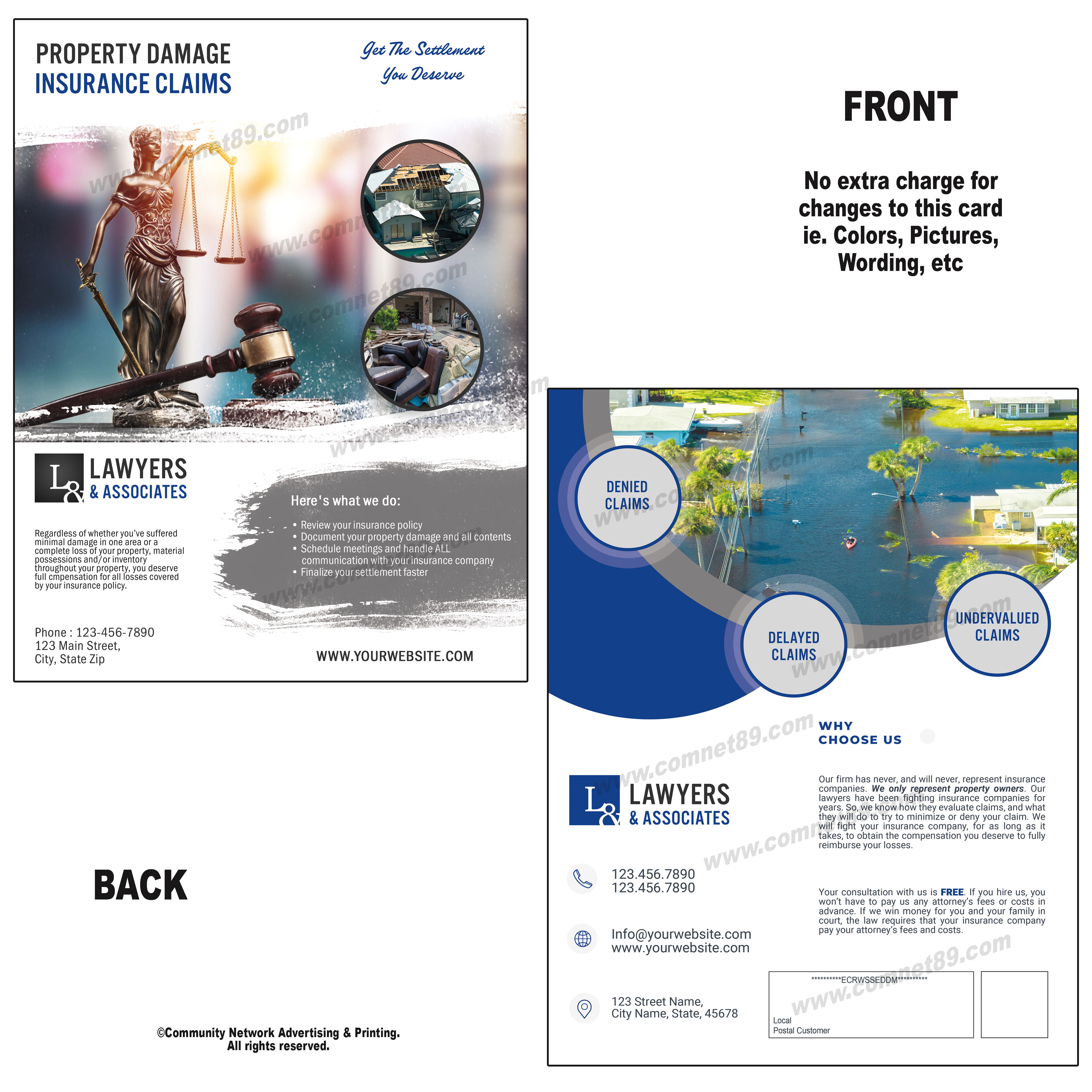 Attorney postcards are ideal for mailing to affected communities after a flood, wind or hail storm, tornado, fire, hurricane or significant weather event