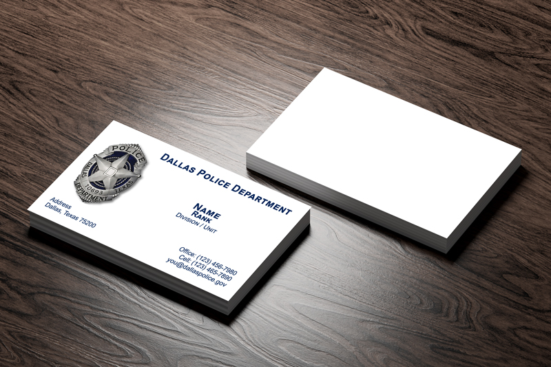 This Dallas Police Department business card is available in  11 different paper options. Our team ensures that every design is subject to your final approval before printing, ensuring that you are satisfied with the end result.