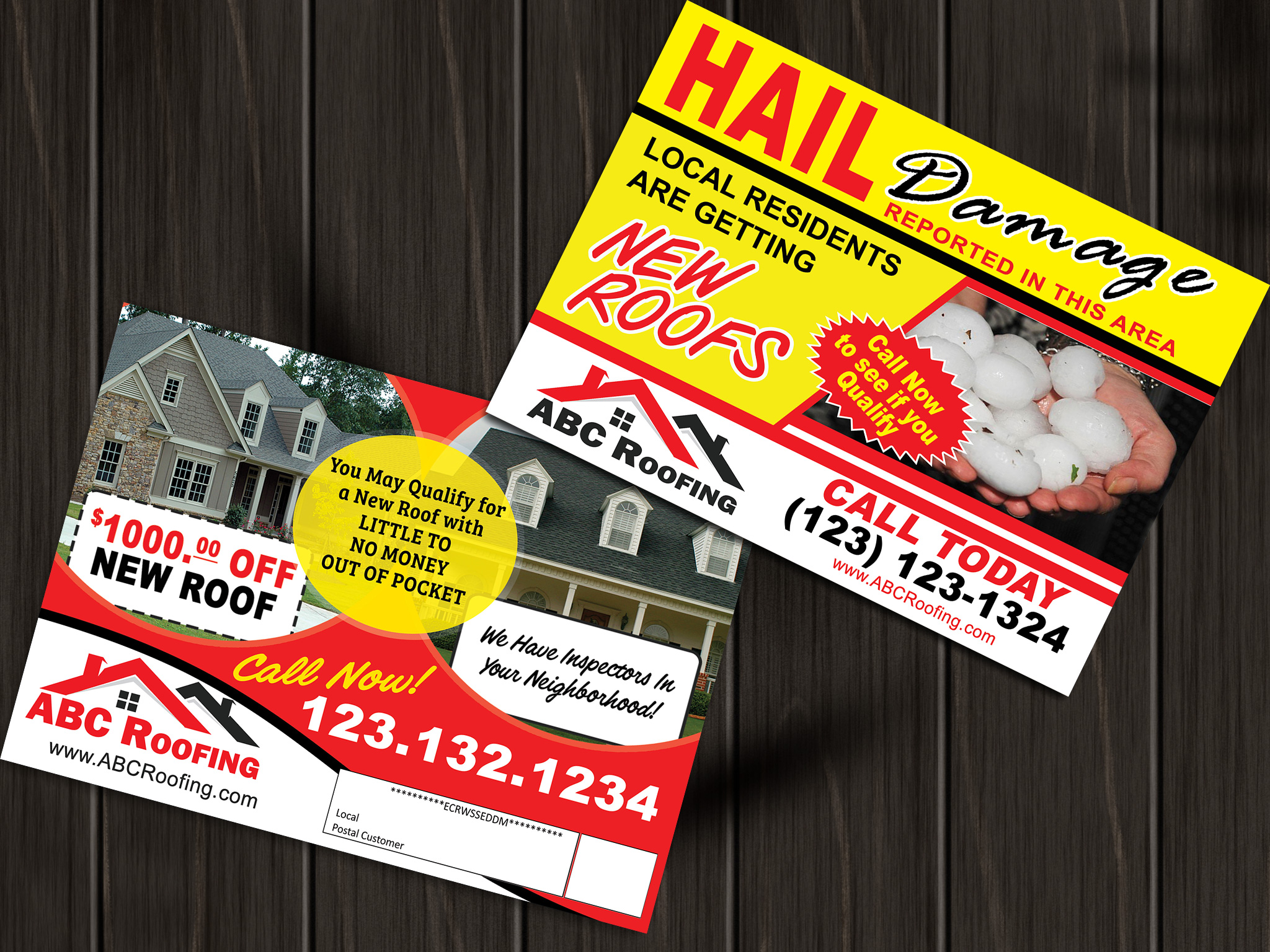 Storm damage roofing postcard. Designed for every door direct mail (EDDM).