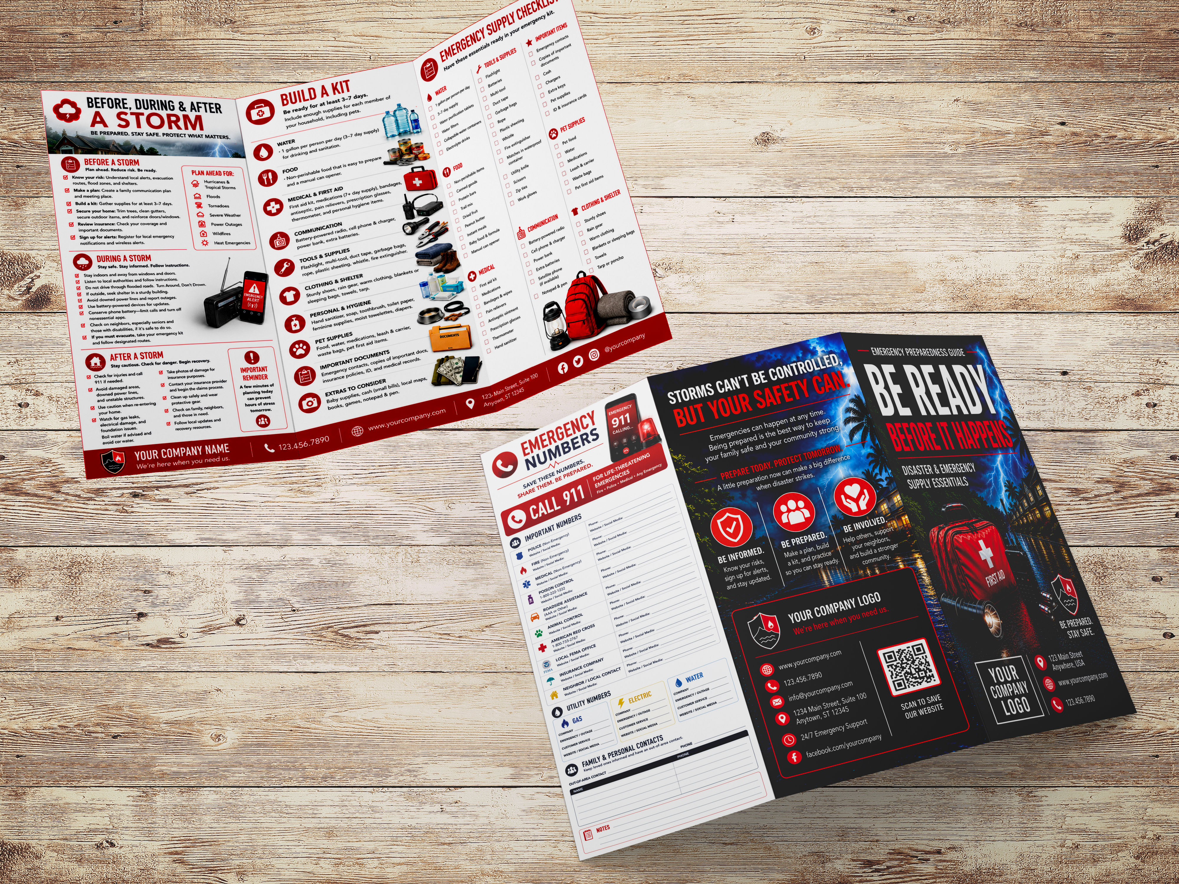 Professional mockup of a custom emergency preparedness trifold brochure featuring storm safety tips, emergency supply checklists, emergency contact information, and disaster preparedness resources. Designed for restoration companies, roofing contractors, insurance agencies, public adjusters, and community outreach marketing campaigns.