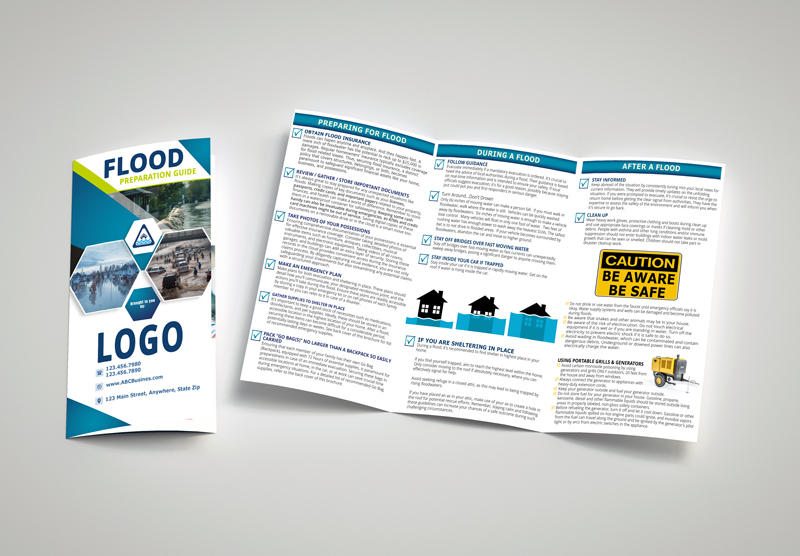 Stay prepared for floods with our customizable 8.5 x 14 trifold brochure. Add your company information to the front cover for a personalized touch. Order yours now!