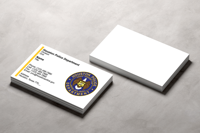 The Houston Police Department business card boasts a sleek design featuring the HPD patch logo, official title, and contact information.