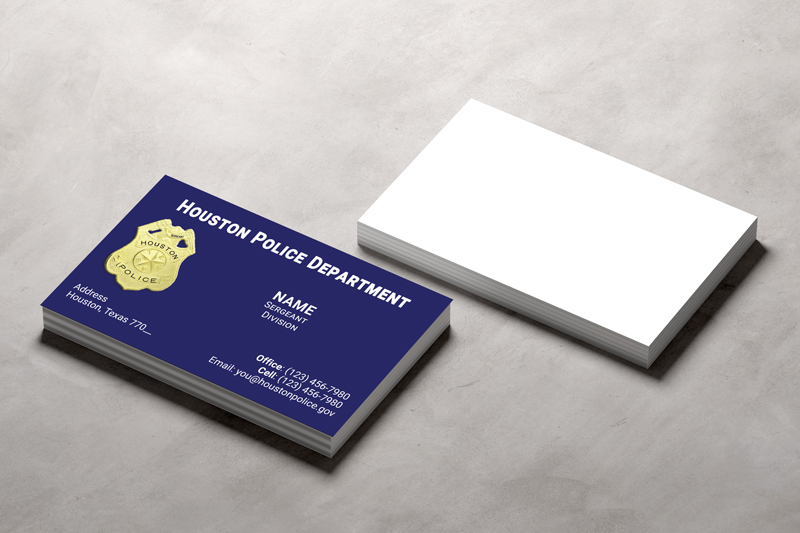 Our HPD business cards are designed to convey professionalism with a simple police officer design that prominently displays the HPD logo, official title, and contact information.