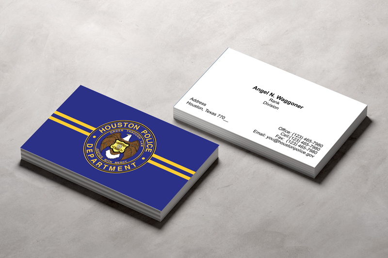 This HPD double sided business card is designed to convey professionalism with a simple police officer design that prominently displays the HPD patch logo, official title, and contact information.