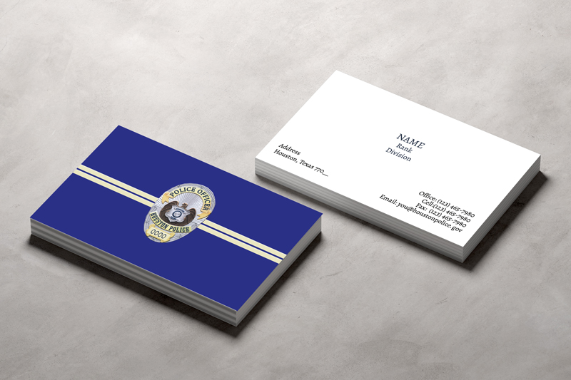 This Houston Police Officer business card is double sided with a sleek design featuring the HPD police officer logo and contact information.