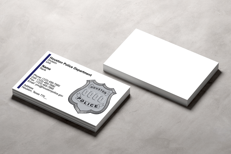 This Houston Police Officer business card offers a sleek design featuring the HPD police officer logo, badge number, and contact information.