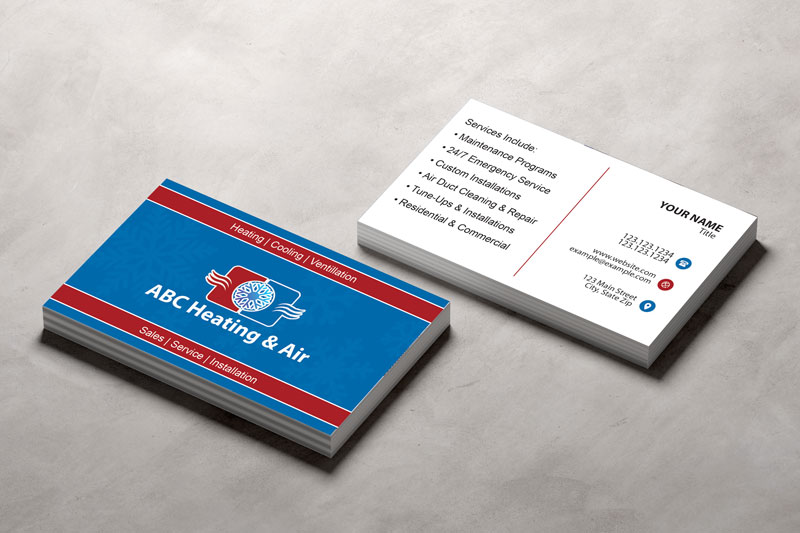 Red and blue business card for HVAC contractor. Have an eyepopping business card after a storm.