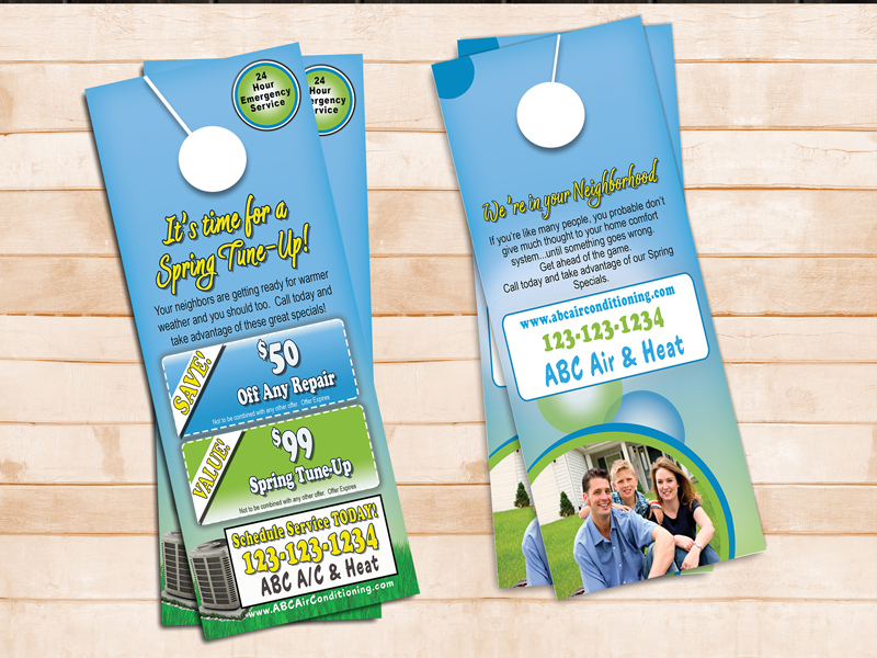 Attract new clients and customers with our eye-catching door hangers! Promote your HVAC tune-up services and new HVAC system installations effectively