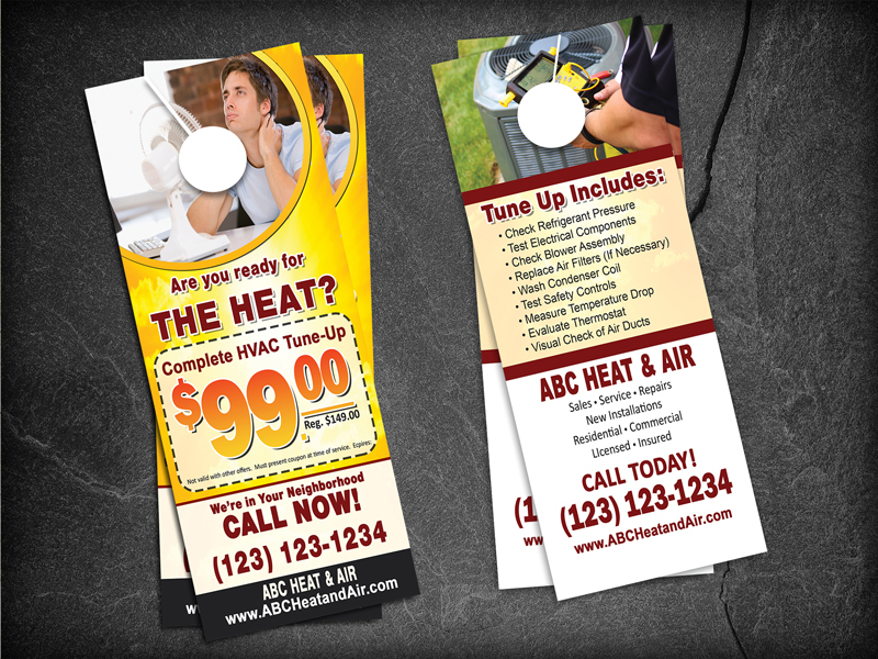 Explore our eye-catching door hanger design for HVAC contractors to attract clients in the summer heat. Stay ahead of the competition and keep your cool with our services!