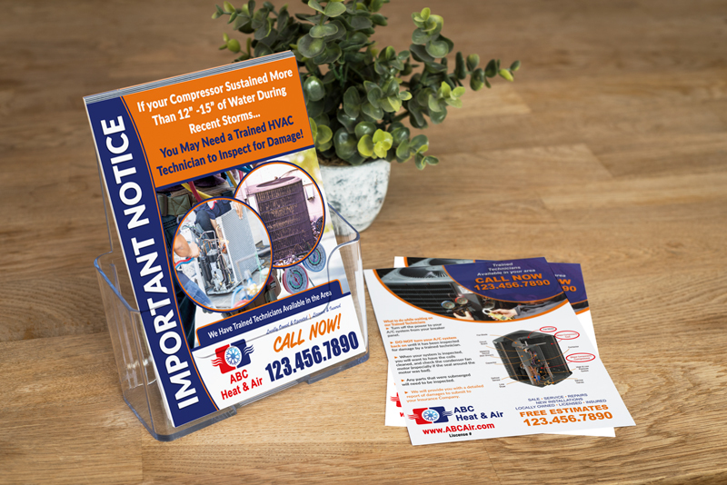 Hand out professional HVAC flyers & postcards to property owners post disasters like floods, hurricanes & tornadoes. Elevate your business and help the community.