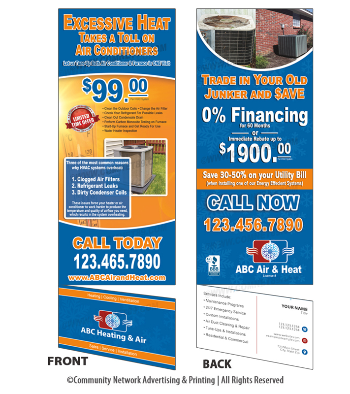 Rack Card for air conditioning contractor with removable business card. Double Sided and custom designed for your hvac business